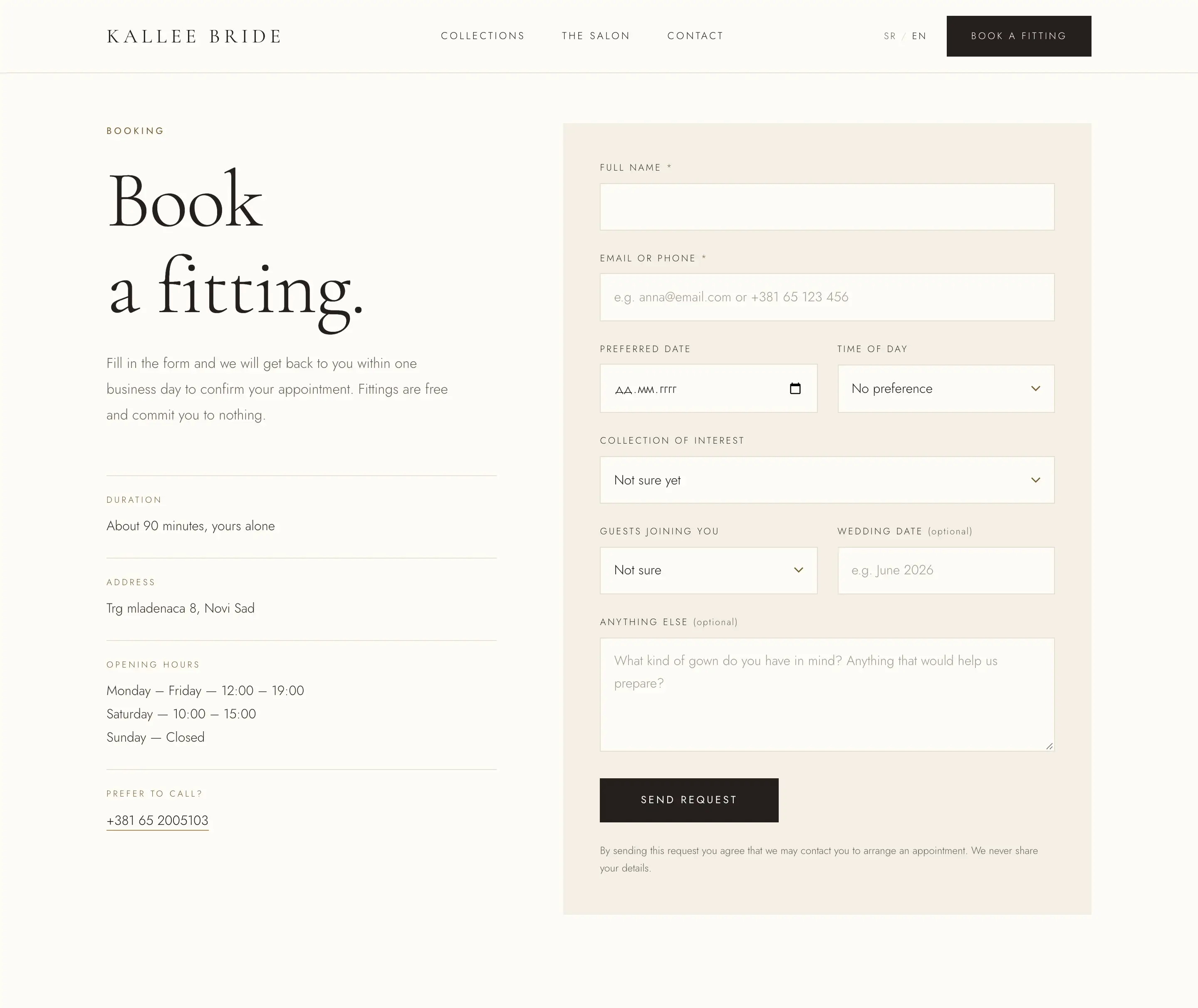 Kallee Bride website on a desktop screen